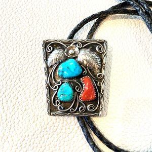 Navajo Bolo Turquoise and Coral Vintage sterling